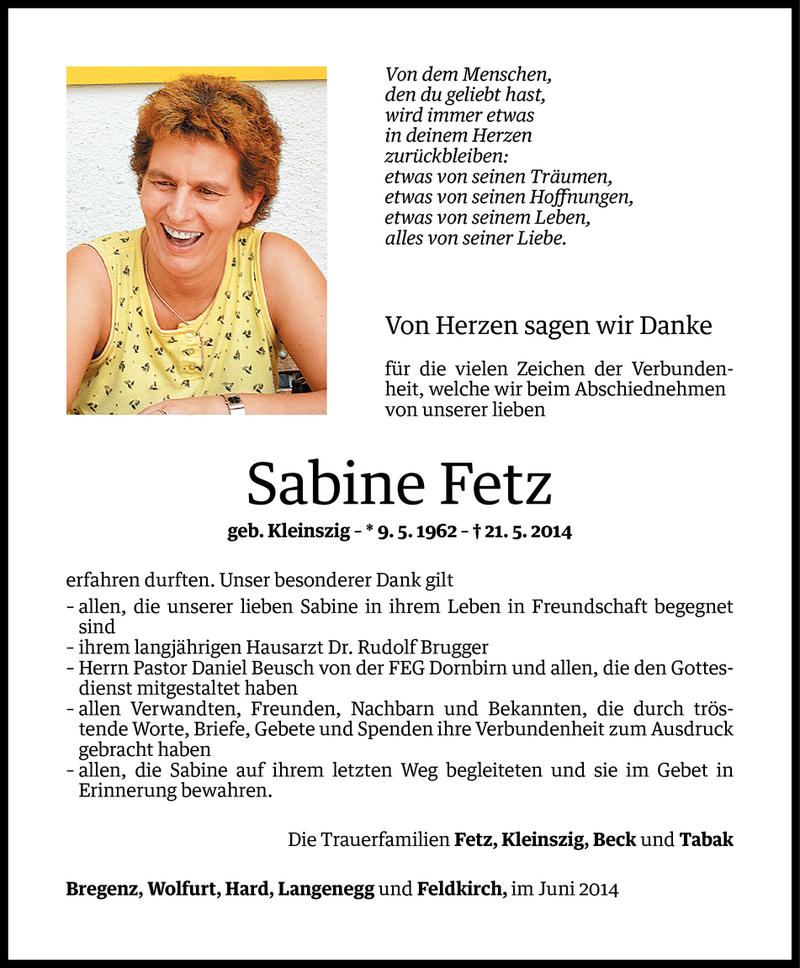  Todesanzeige für Sabine Fetz vom 13.06.2014 aus Vorarlberger Nachrichten