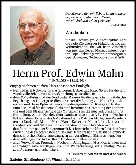 Todesanzeige von Edwin Malin von Vorarlberger Nachrichten