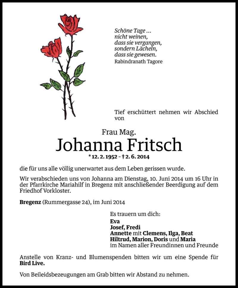  Todesanzeige für Johanna Fritsch vom 05.06.2014 aus Vorarlberger Nachrichten