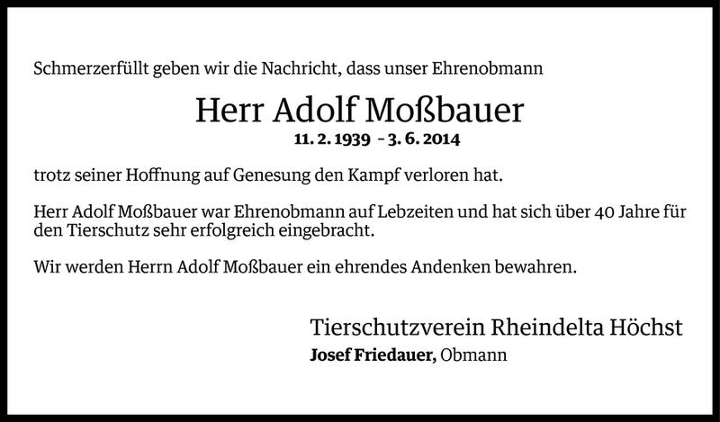  Todesanzeige für Adolf Moßbauer vom 05.06.2014 aus Vorarlberger Nachrichten