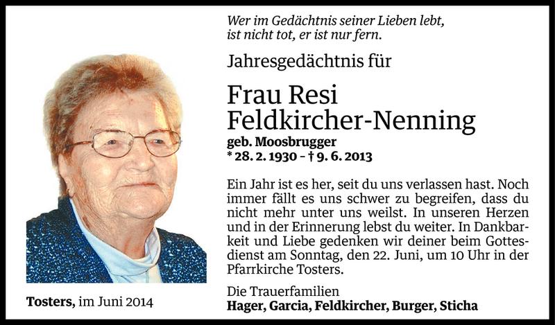  Todesanzeige für Theresia Feldkircher-Nenning vom 06.06.2014 aus Vorarlberger Nachrichten