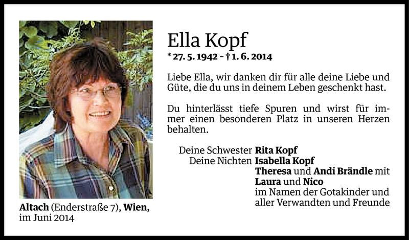  Todesanzeige für Ella Kopf vom 07.06.2014 aus Vorarlberger Nachrichten