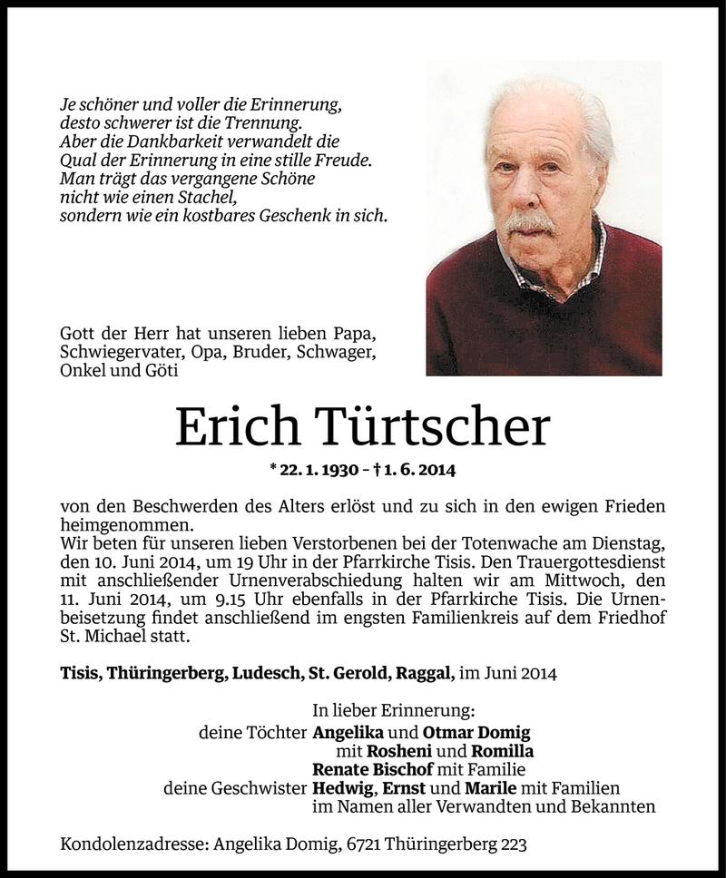  Todesanzeige für Erich Türtscher vom 06.06.2014 aus Vorarlberger Nachrichten