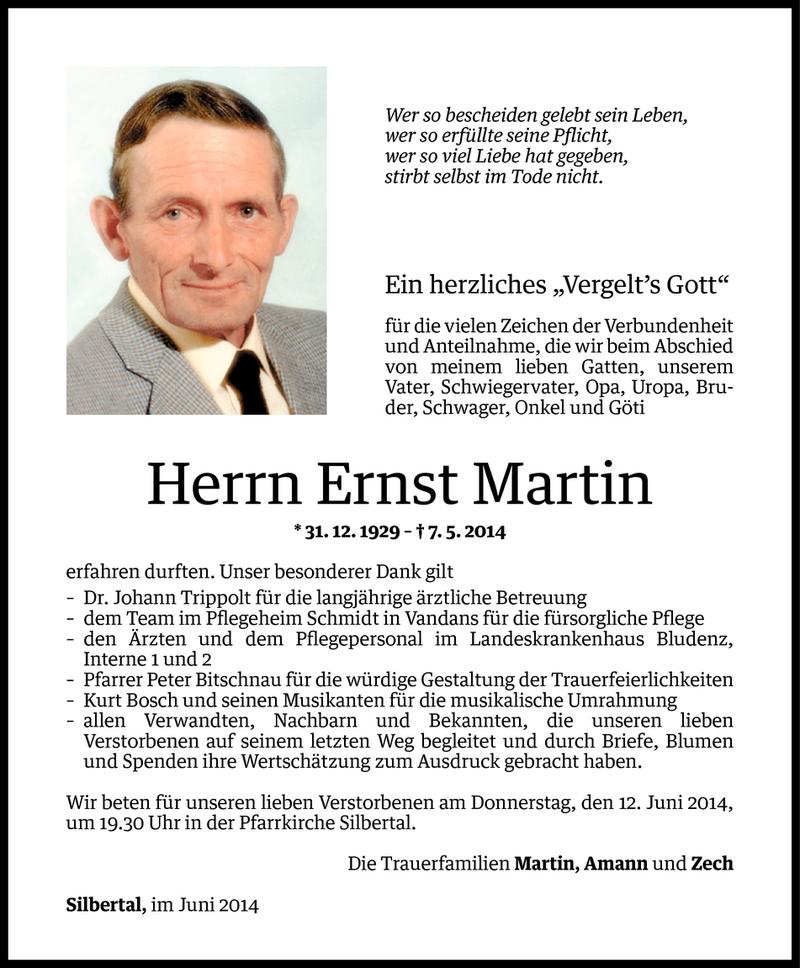  Todesanzeige für Ernst Martin vom 07.06.2014 aus Vorarlberger Nachrichten