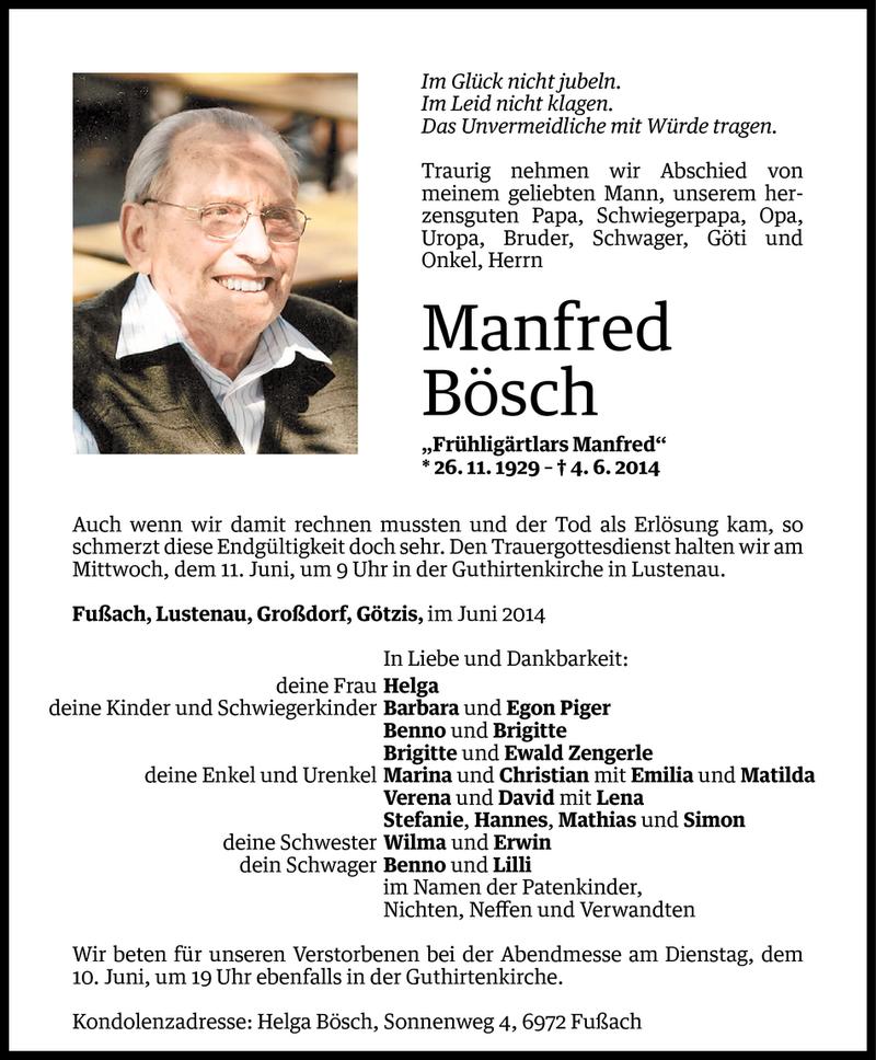  Todesanzeige für Manfred Bösch vom 06.06.2014 aus Vorarlberger Nachrichten