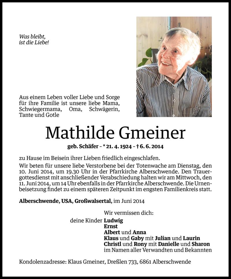  Todesanzeige für Mathilde Gmeiner vom 09.06.2014 aus Vorarlberger Nachrichten