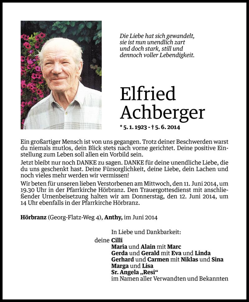  Todesanzeige für Elfried Achberger vom 09.06.2014 aus Vorarlberger Nachrichten