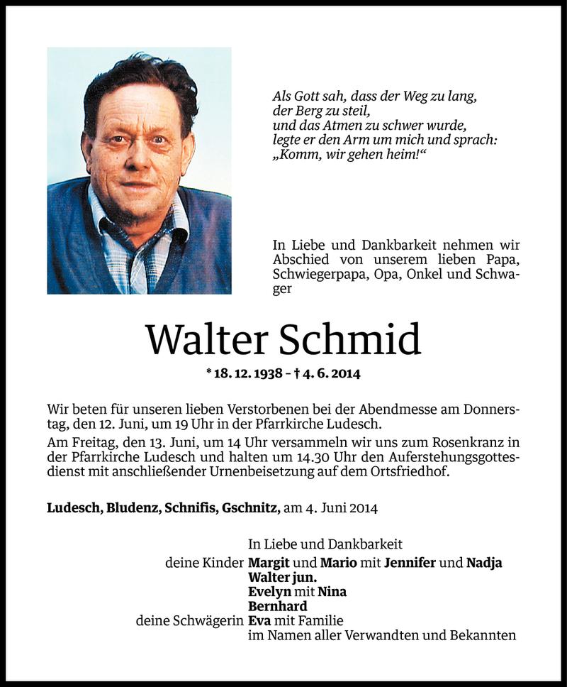  Todesanzeige für Walter Schmid vom 09.06.2014 aus Vorarlberger Nachrichten