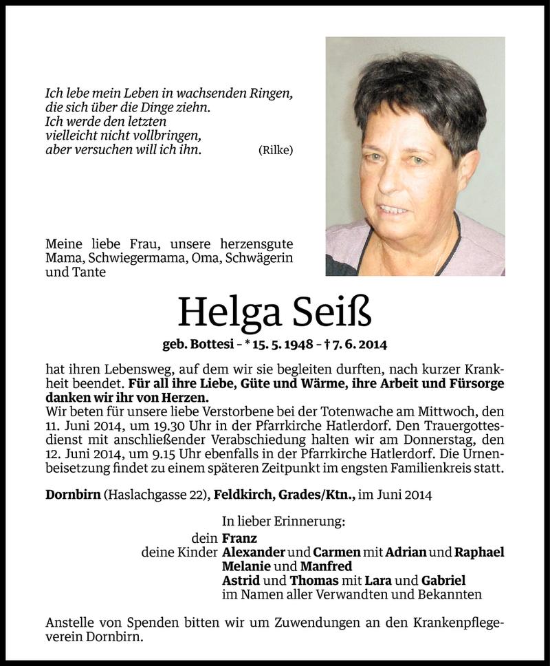  Todesanzeige für Helga Seiß vom 09.06.2014 aus Vorarlberger Nachrichten