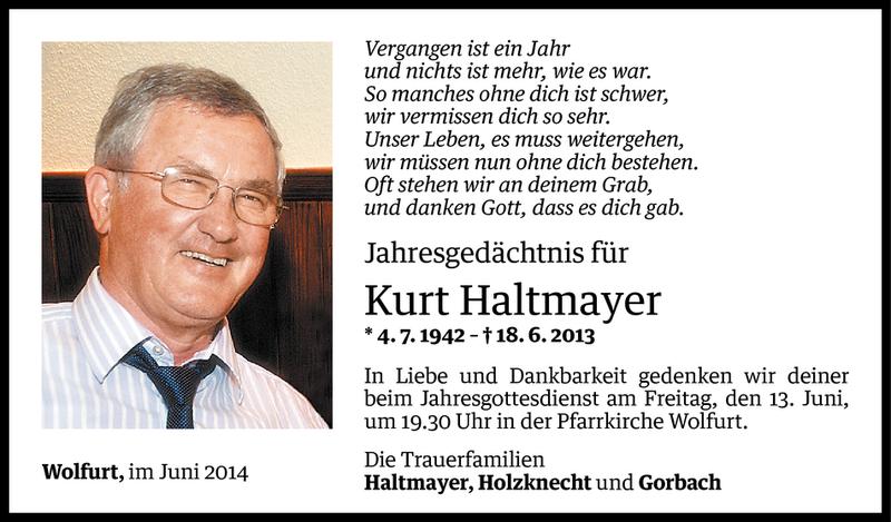  Todesanzeige für Kurt Haltmayer vom 10.06.2014 aus Vorarlberger Nachrichten