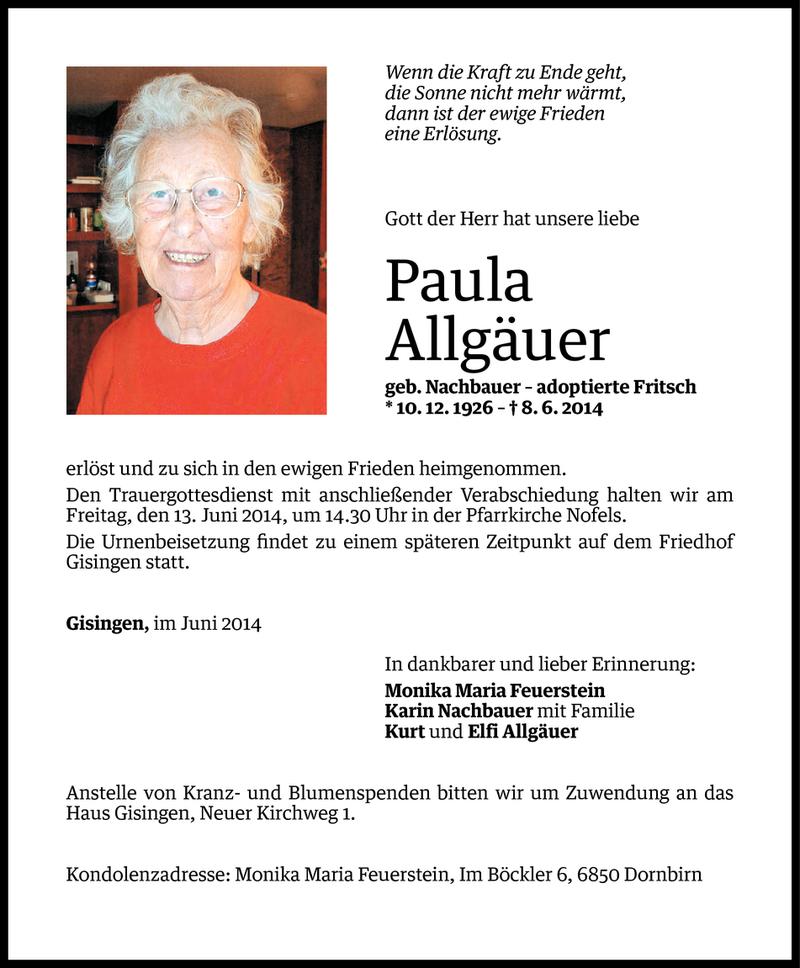  Todesanzeige für Paula Allgäuer vom 10.06.2014 aus Vorarlberger Nachrichten