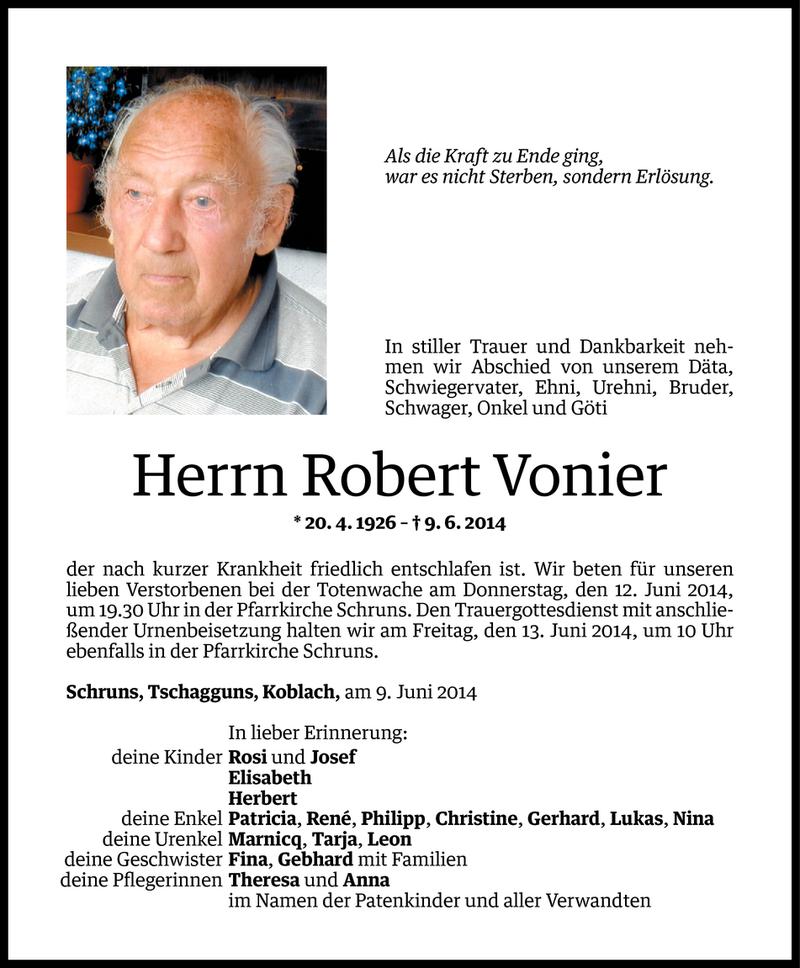  Todesanzeige für Robert Vonier vom 10.06.2014 aus Vorarlberger Nachrichten