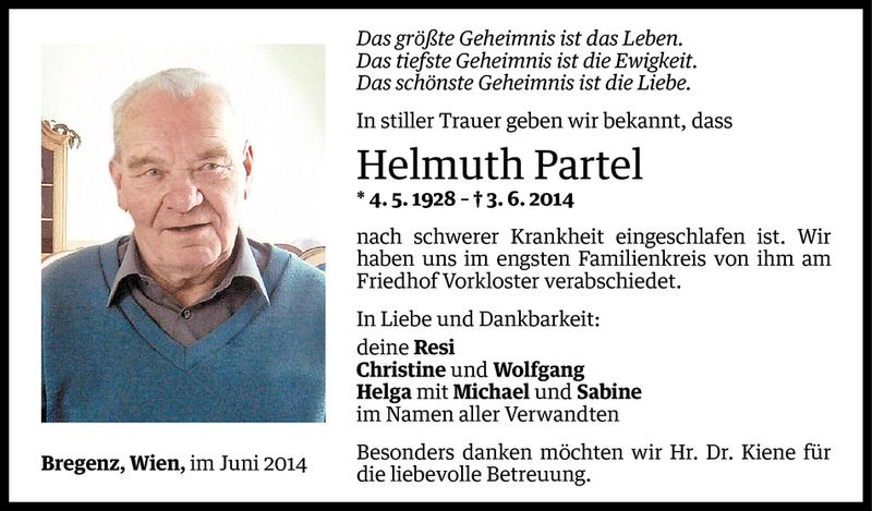  Todesanzeige für Helmuth Partel vom 11.06.2014 aus Vorarlberger Nachrichten