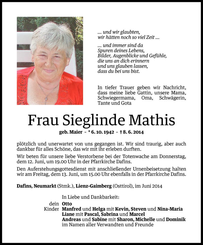  Todesanzeige für Sieglinde Mathis vom 11.06.2014 aus Vorarlberger Nachrichten