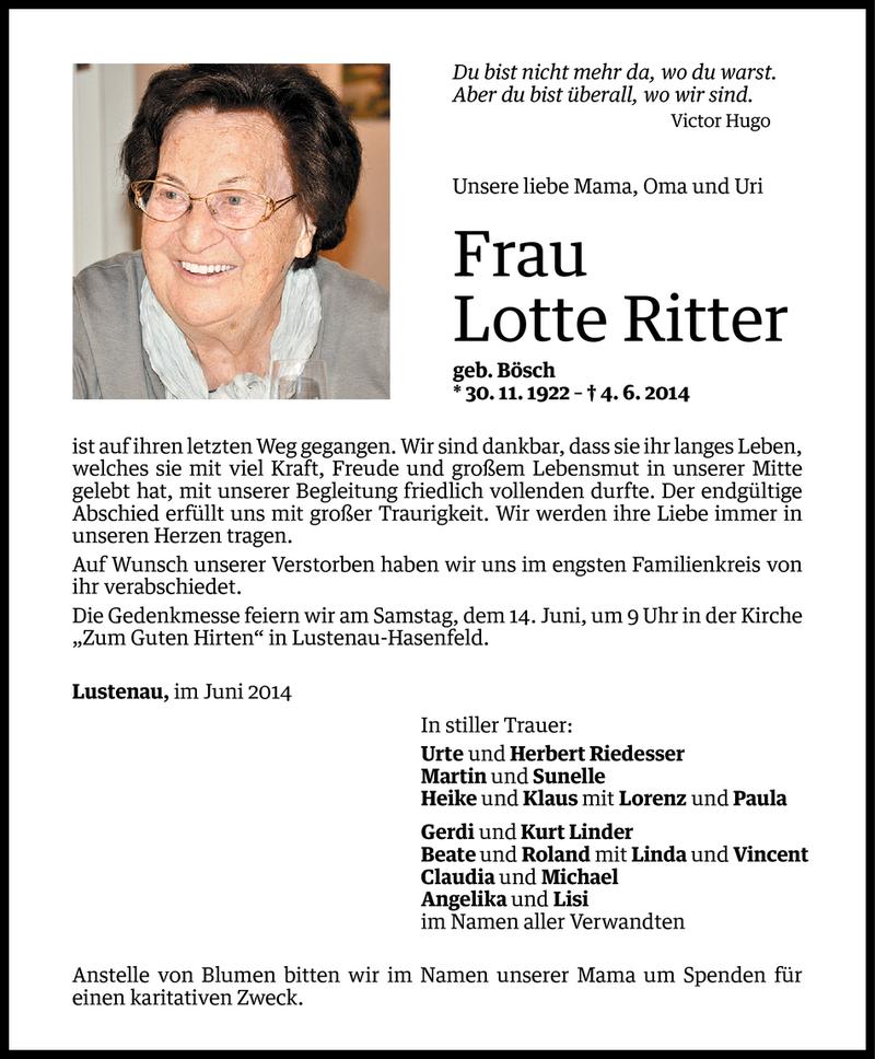 Todesanzeige für Lotte Ritter vom 11.06.2014 aus Vorarlberger Nachrichten