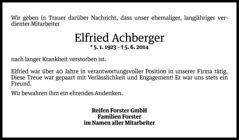  Todesanzeige für Elfried Achberger vom 10.06.2014 aus Vorarlberger Nachrichten