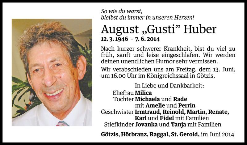  Todesanzeige für August Huber vom 11.06.2014 aus Vorarlberger Nachrichten