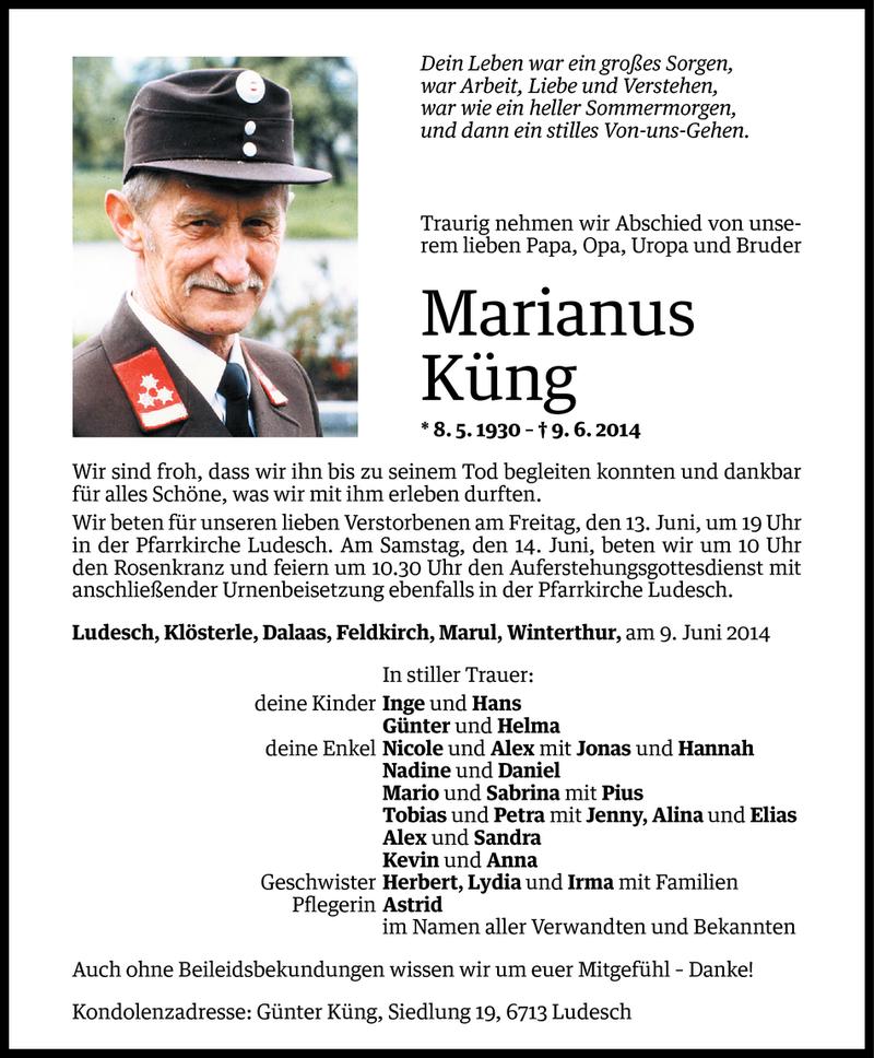  Todesanzeige für Marianus Küng vom 11.06.2014 aus Vorarlberger Nachrichten