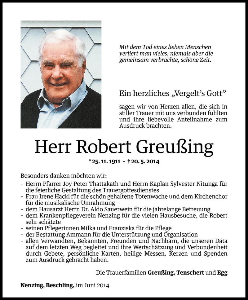  Todesanzeige für Robert Greußing vom 14.06.2014 aus Vorarlberger Nachrichten