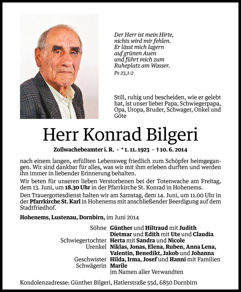  Todesanzeige für Konrad Bilgeri vom 12.06.2014 aus Vorarlberger Nachrichten