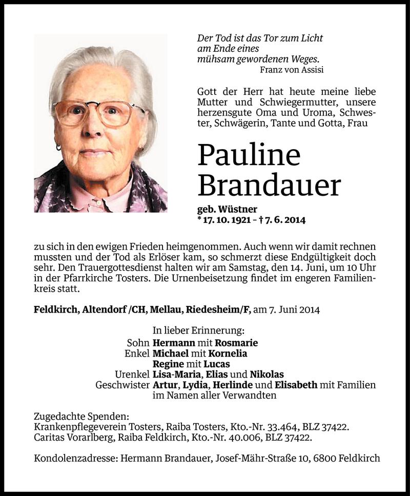  Todesanzeige für Pauline Brandauer vom 11.06.2014 aus Vorarlberger Nachrichten