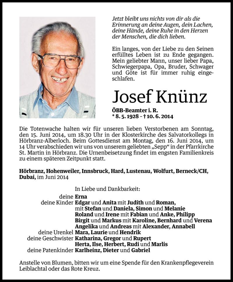  Todesanzeige für Josef Knünz vom 12.06.2014 aus Vorarlberger Nachrichten