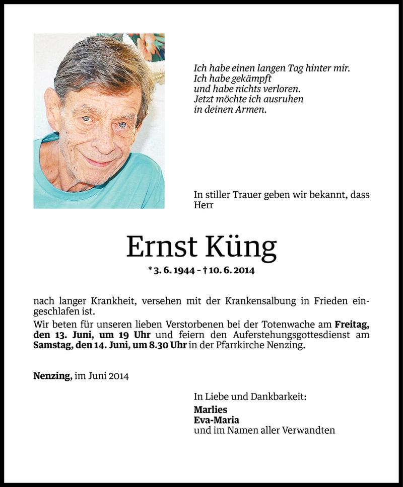  Todesanzeige für Ernst Küng vom 12.06.2014 aus Vorarlberger Nachrichten