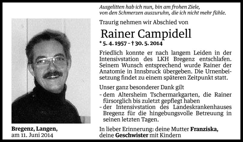  Todesanzeige für Rainer Campidell vom 12.06.2014 aus Vorarlberger Nachrichten