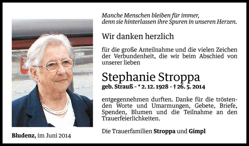  Todesanzeige für Stephanie Stroppa vom 12.06.2014 aus Vorarlberger Nachrichten