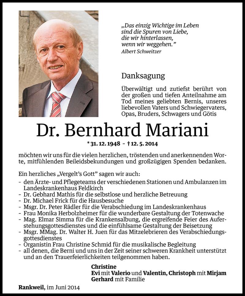  Todesanzeige für Bernhard Mariani vom 13.06.2014 aus Vorarlberger Nachrichten