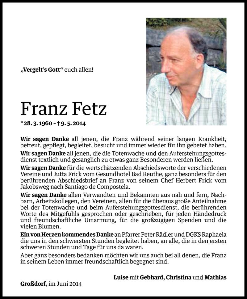  Todesanzeige für Franz Fetz vom 12.06.2014 aus Vorarlberger Nachrichten