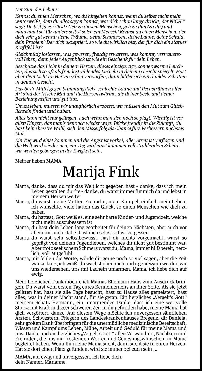  Todesanzeige für Marija Fink vom 13.06.2014 aus Vorarlberger Nachrichten