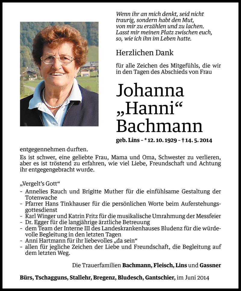  Todesanzeige für Johanna Bachmann vom 14.06.2014 aus Vorarlberger Nachrichten