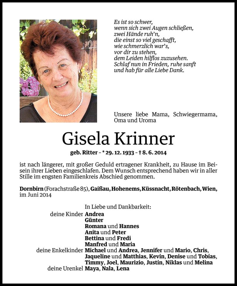  Todesanzeige für Gisela Krinner vom 13.06.2014 aus Vorarlberger Nachrichten