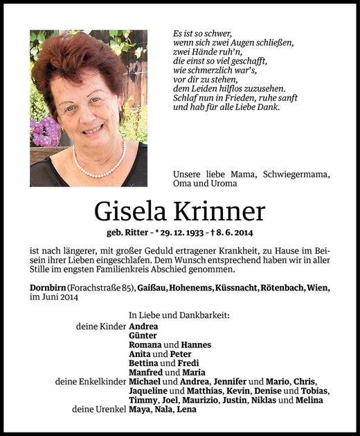 Todesanzeigen von Gisela Krinner | Todesanzeigen Vorarlberger Nachrichten