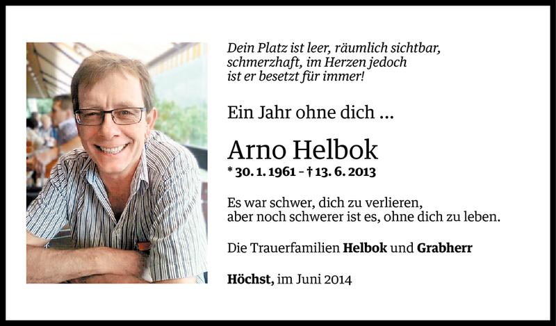  Todesanzeige für Arno Helbok vom 13.06.2014 aus Vorarlberger Nachrichten