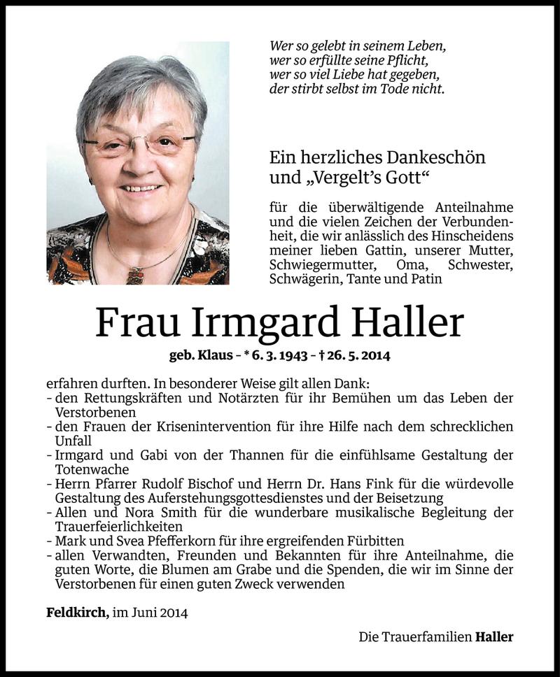  Todesanzeige für Irmgard Haller vom 13.06.2014 aus Vorarlberger Nachrichten