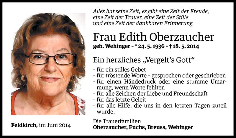  Todesanzeige für Edith Oberzaucher vom 13.06.2014 aus Vorarlberger Nachrichten