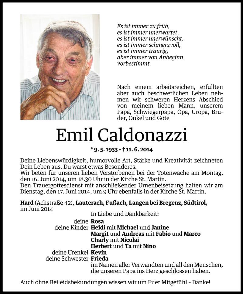  Todesanzeige für Emil Caldonazzi vom 13.06.2014 aus Vorarlberger Nachrichten