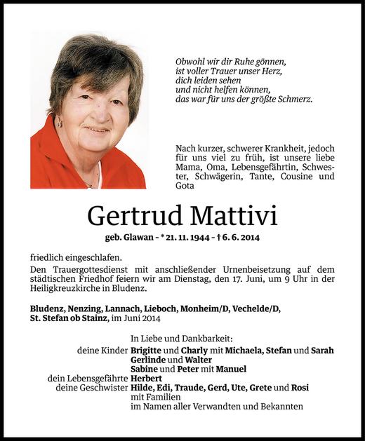 Todesanzeige von Gertrud Mattivi von Vorarlberger Nachrichten