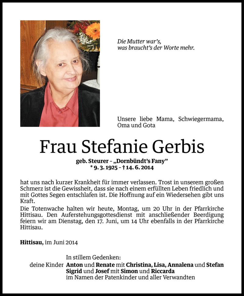  Todesanzeige für Stefanie Gerbis vom 15.06.2014 aus Vorarlberger Nachrichten