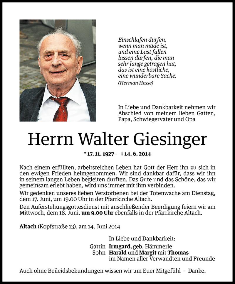  Todesanzeige für Walter Giesinger vom 16.06.2014 aus Vorarlberger Nachrichten