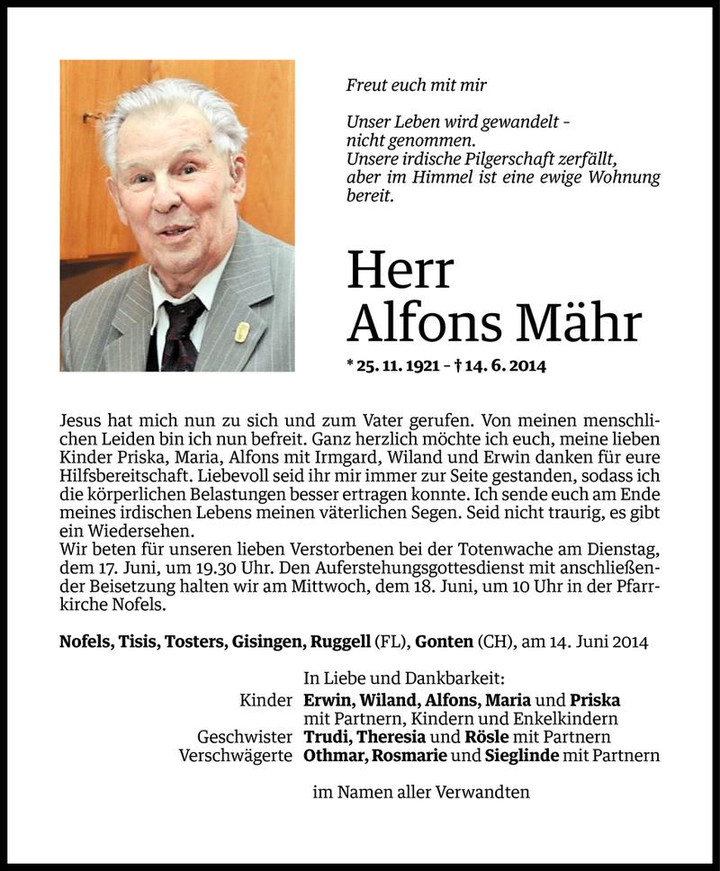  Todesanzeige für Alfons Mähr vom 15.06.2014 aus Vorarlberger Nachrichten