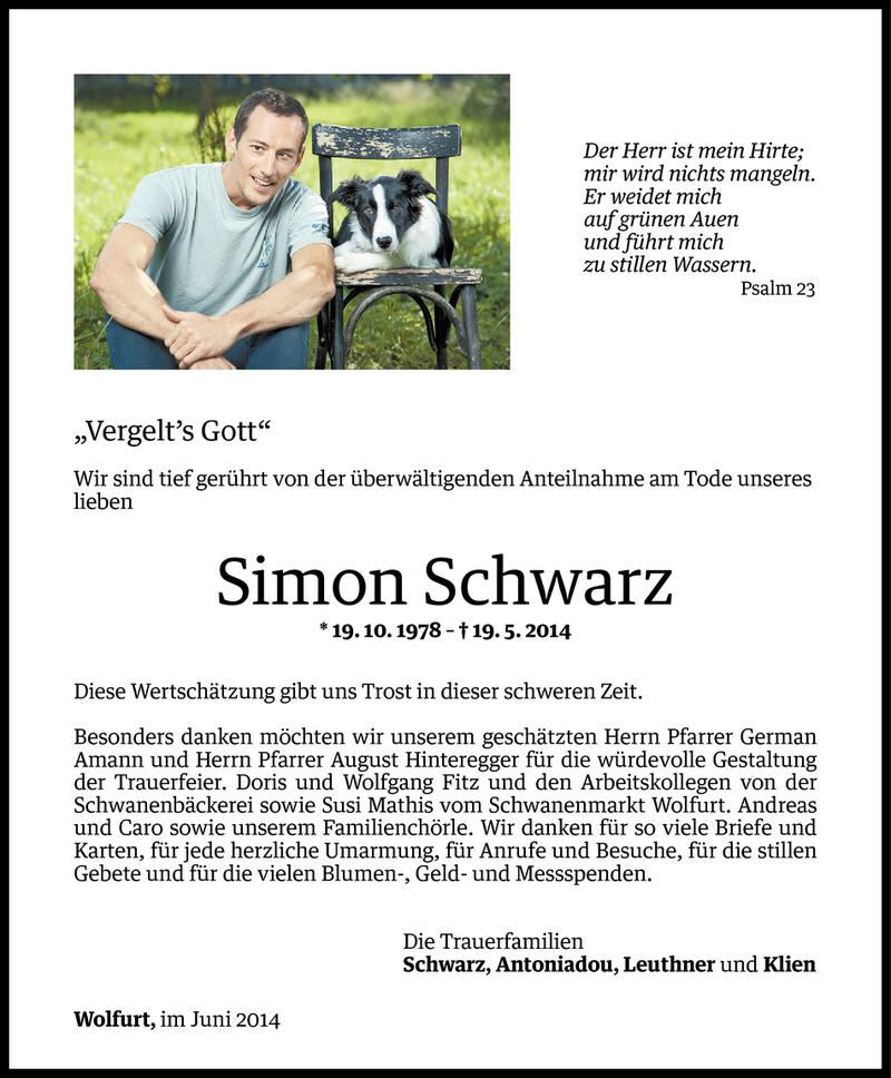  Todesanzeige für Simon Schwarz vom 16.06.2014 aus Vorarlberger Nachrichten