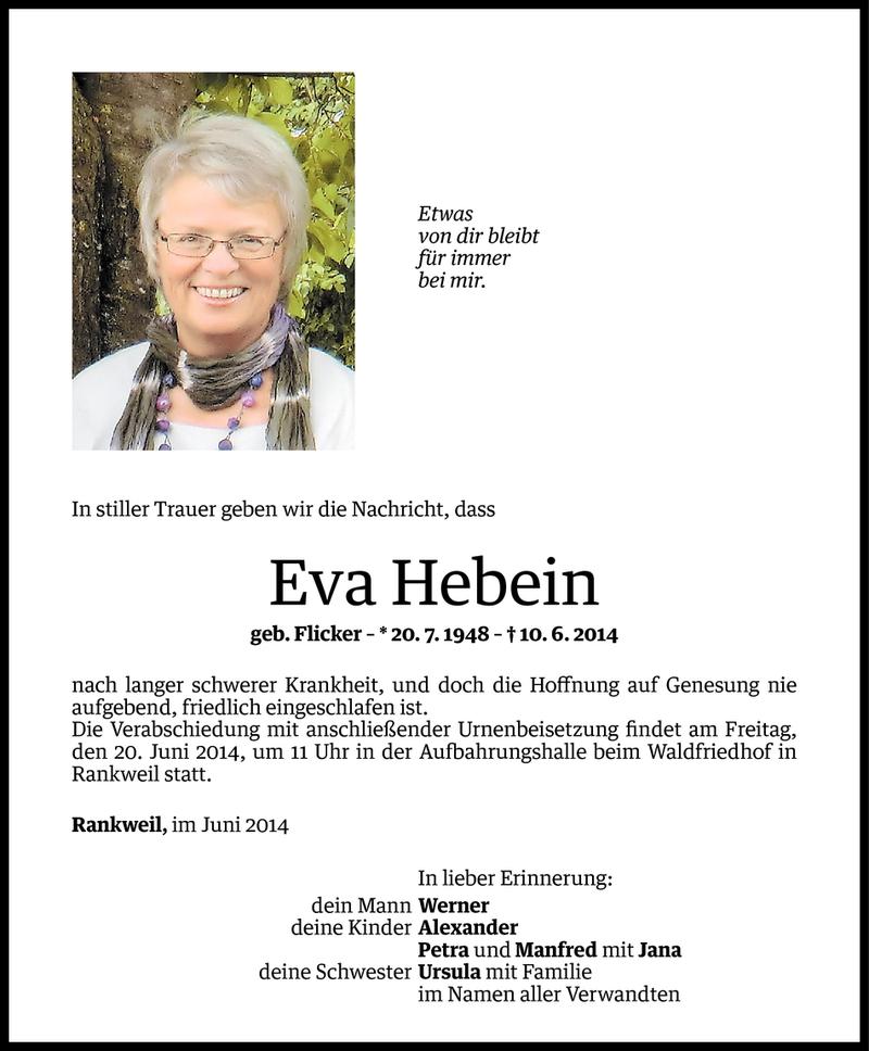 Todesanzeigen von Eva Hebein | Todesanzeigen Vorarlberger Nachrichten