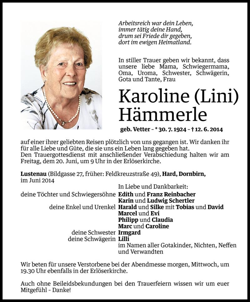  Todesanzeige für Karoline Hämmerle vom 16.06.2014 aus Vorarlberger Nachrichten