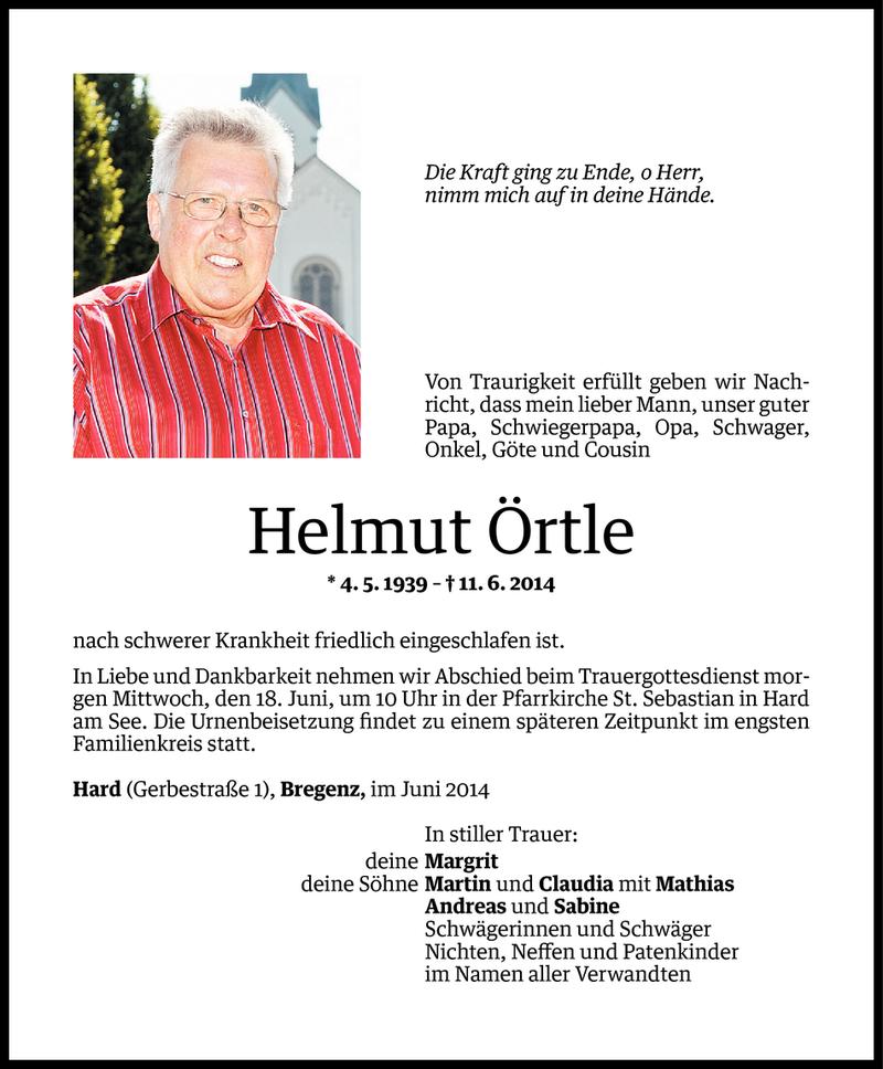  Todesanzeige für Helmut Örtle vom 16.06.2014 aus Vorarlberger Nachrichten