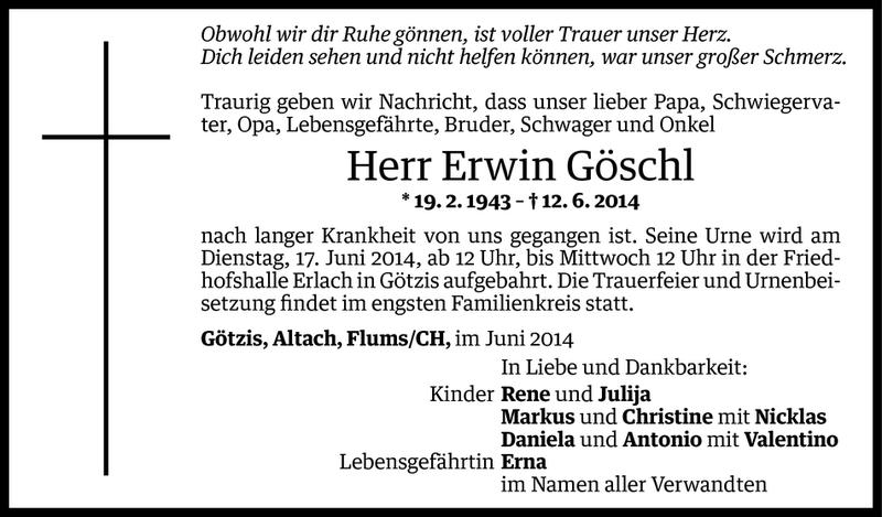  Todesanzeige für Erwin Göschl vom 16.06.2014 aus Vorarlberger Nachrichten