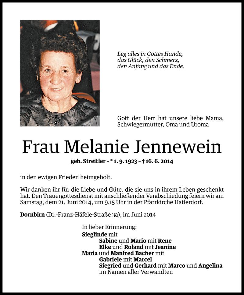  Todesanzeige für Melanie Jennewein vom 17.06.2014 aus Vorarlberger Nachrichten