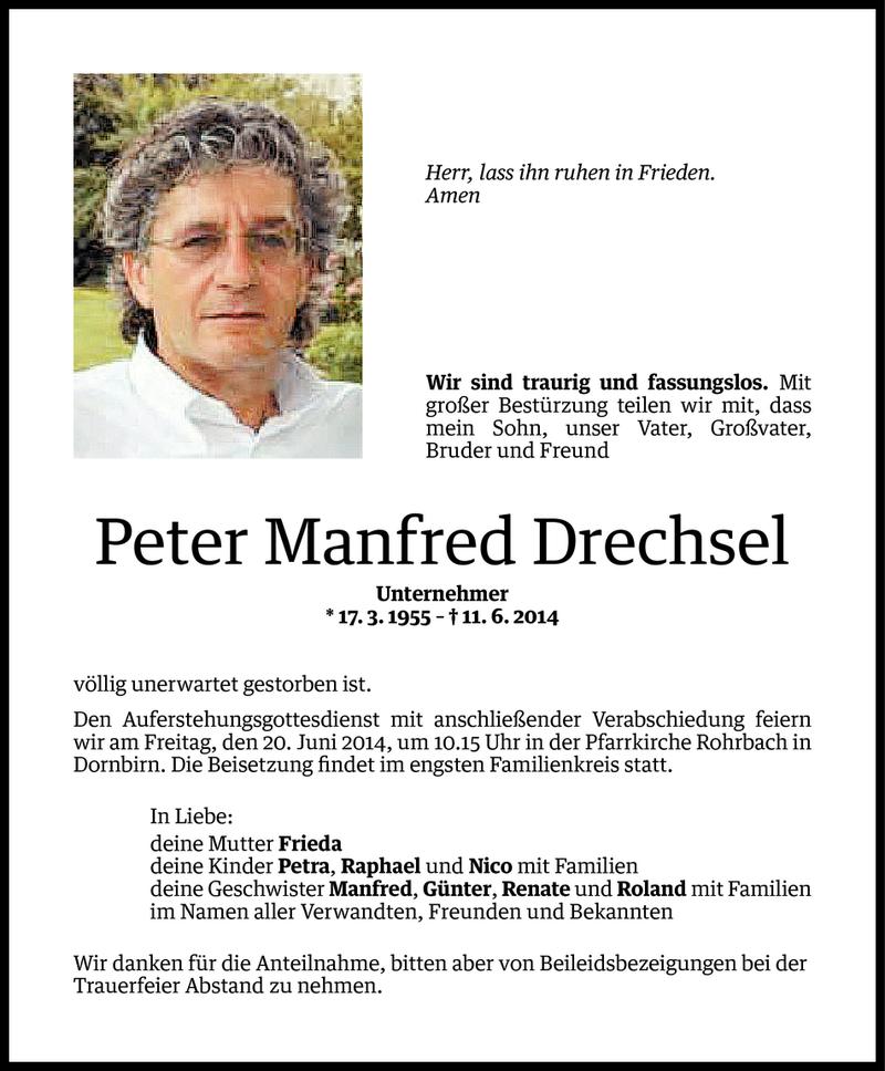  Todesanzeige für Peter Manfred Drechsel vom 17.06.2014 aus Vorarlberger Nachrichten